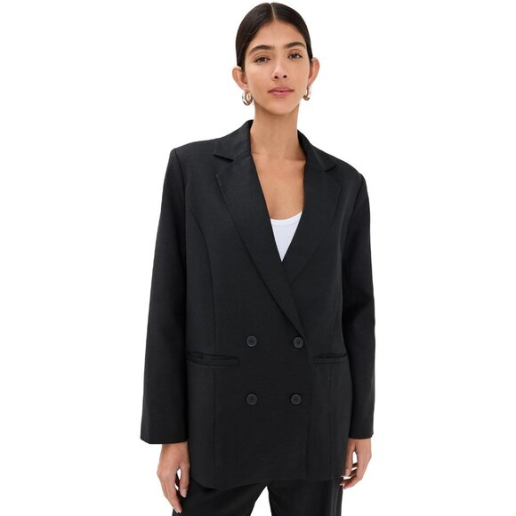 Women's Linen Blazer Small Black Notched Lapels Padded Shoulders - Picture 1 of 6